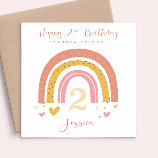 rainbow 2nd birthday card pink girl personalised matte white cardstock kraft brown envelope