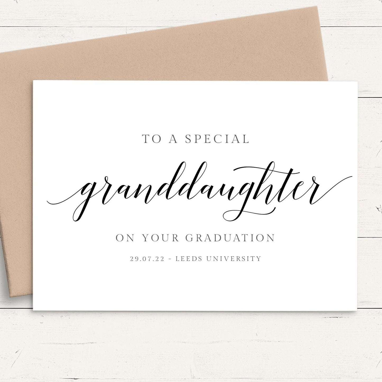 granddaughter graduation card personalised modern script smooth matte white cardstock kraft brown envelope