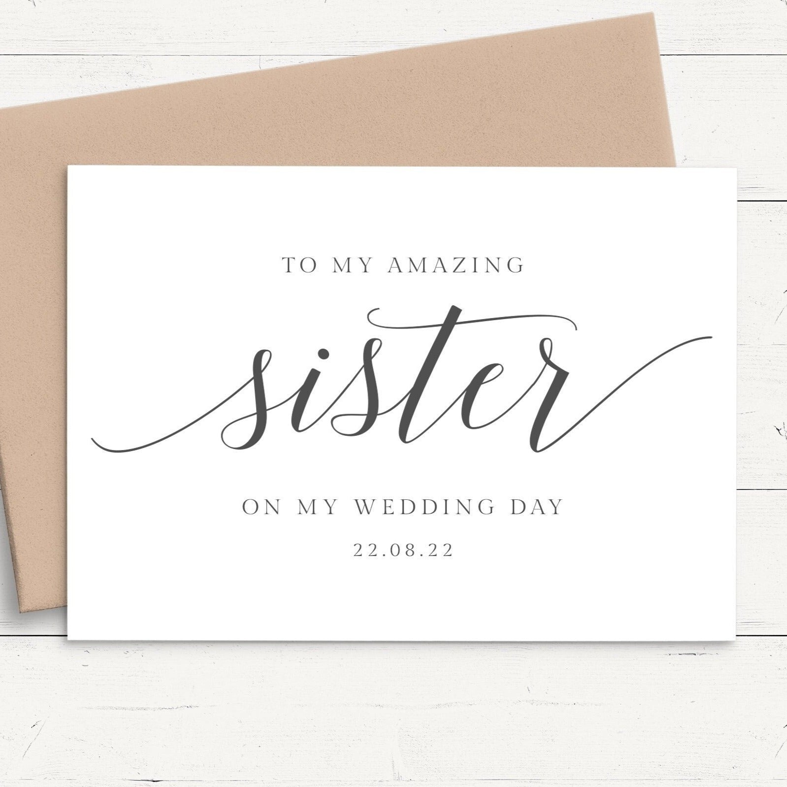 black and white modern script to my sister on my wedding day card personalised matte smooth white cardstock kraft brown envelope