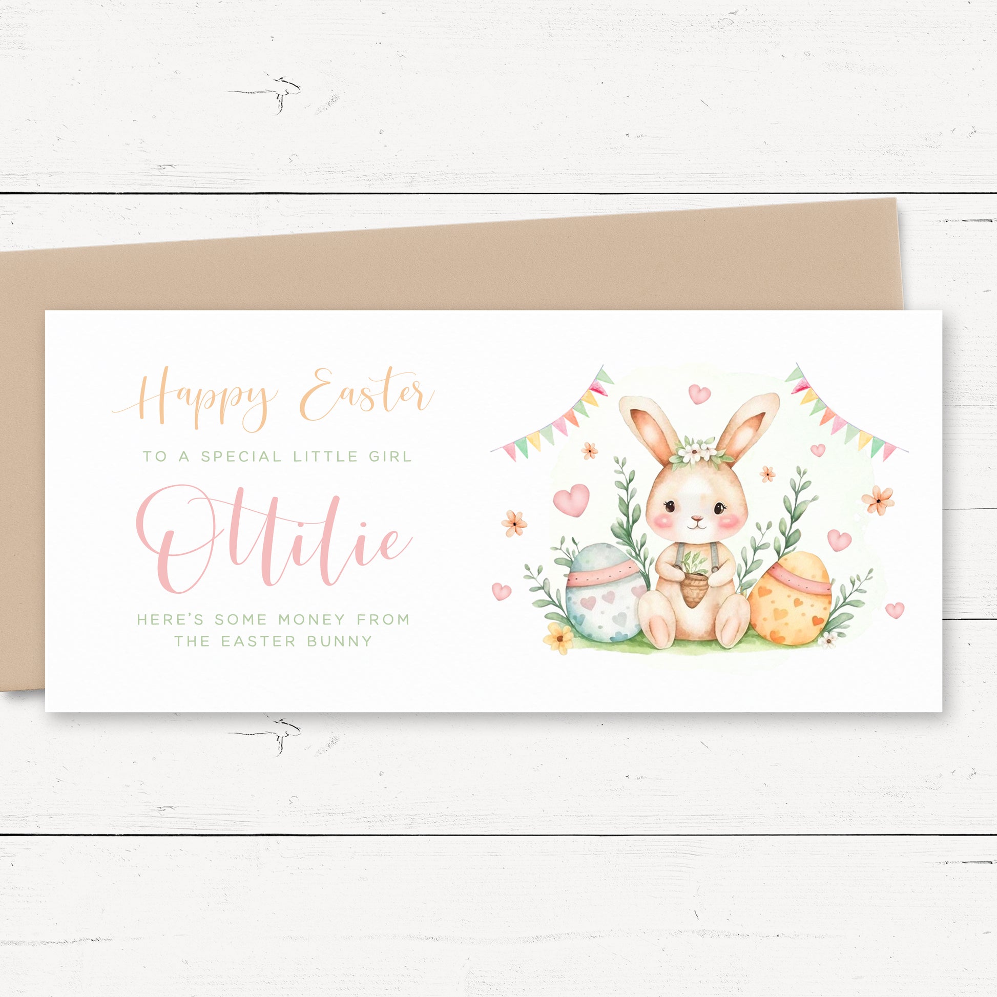 watercolour bunny rabbit easter money wallet card holder girl personalised matte white cardstock kraft brown envelope