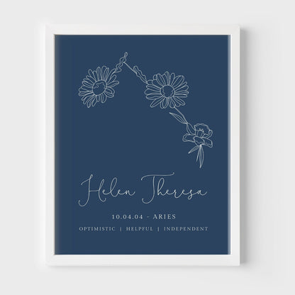 aries zodiac birth flower line art print personalised with name and date background colour of your choice matte paperstock unframed