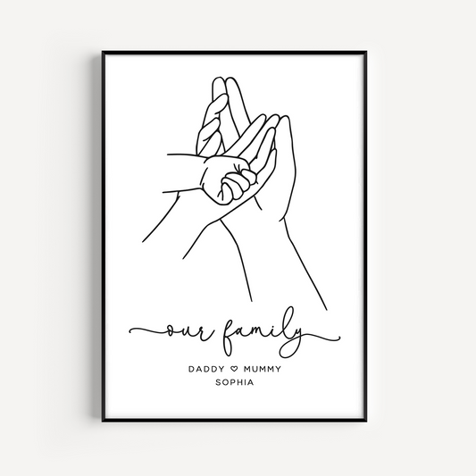 black and white family holding hands line art print personalised white smooth matte paperstock unframed