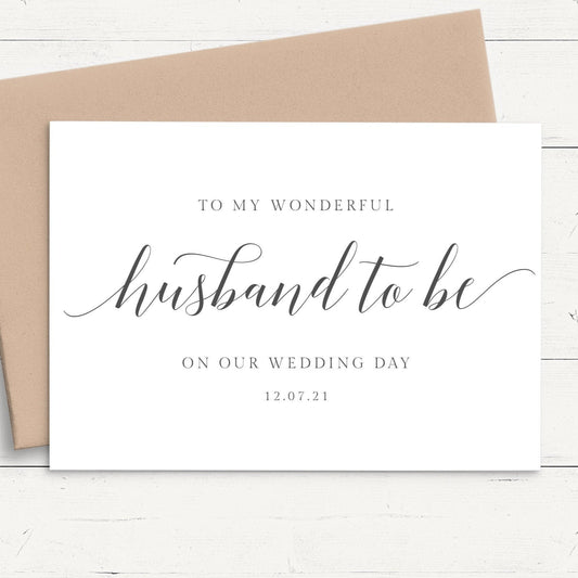 personalised wedding card modern script husband to be black and white white cardstock kraft brown envelope