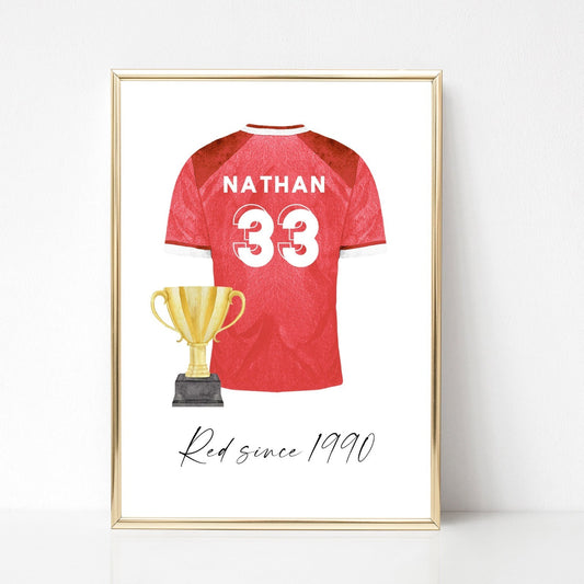 red football shirt print personalised birthday gift for men smooth matte white paperstock unframed