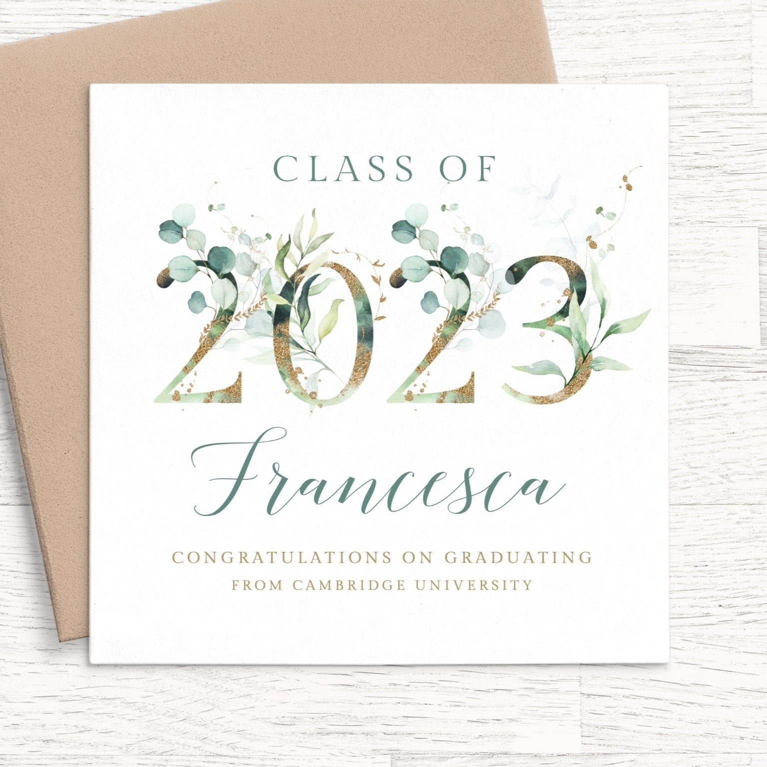 eucalyptus 2023 graduation card personalised female women woman matte white cardstock kraft brown envelope