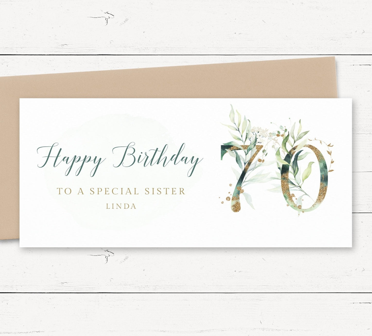 female 70th birthday money wallet card personalised matte white cardstock kraft brown envelope