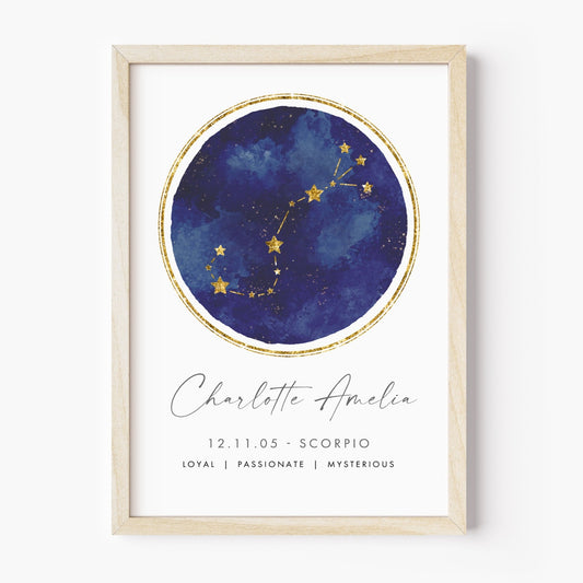 unframed personalised scorpio zodiac constellation print navy and gold watercolour matte white paperstock