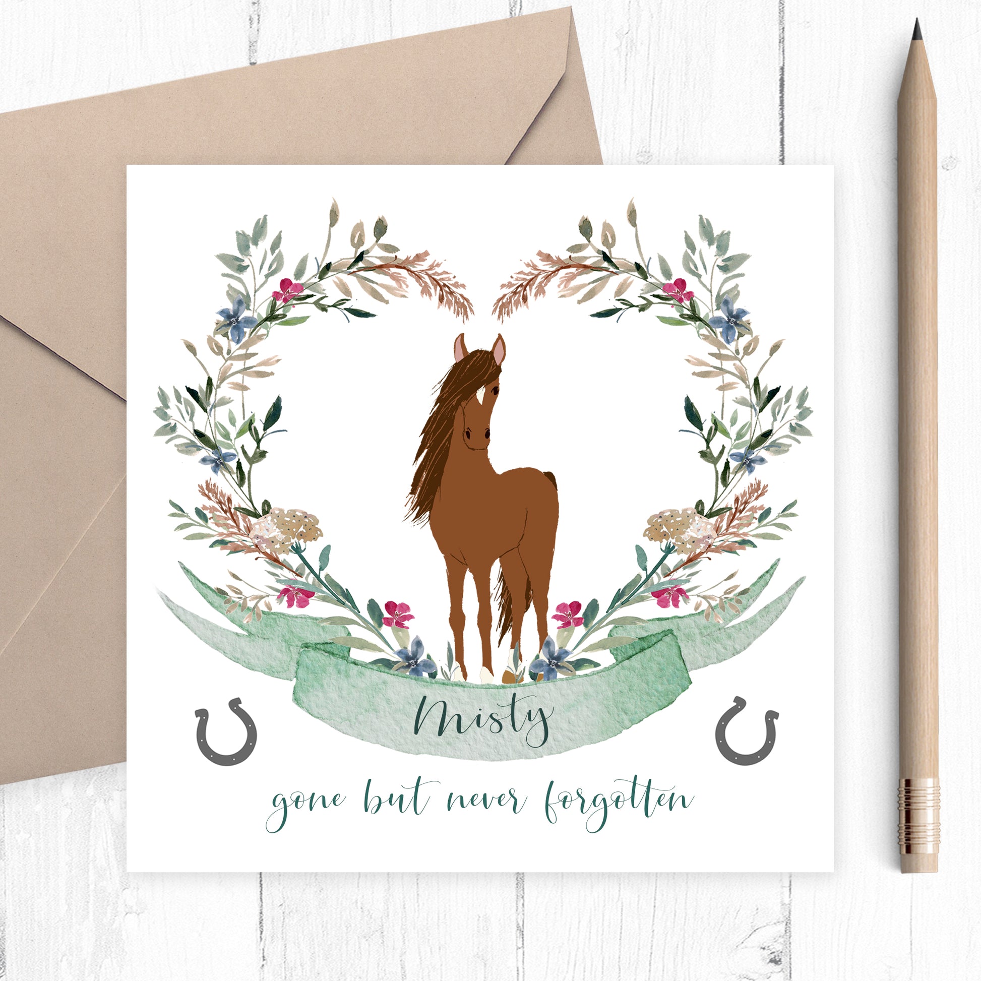 personalised horse sympathy card matte white smooth cardstock kraft brown envelope