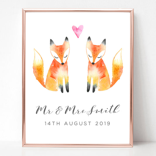 watercolour fox couple print personalised matte smooth white paperstock unframed