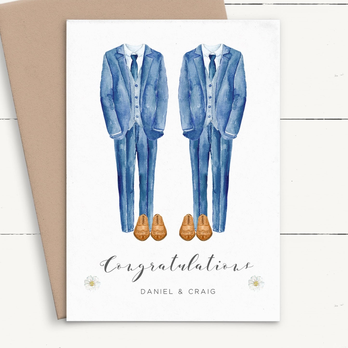 watercolour suits wedding card gay same sex couple personalised matte cardstock kraft brown envelope