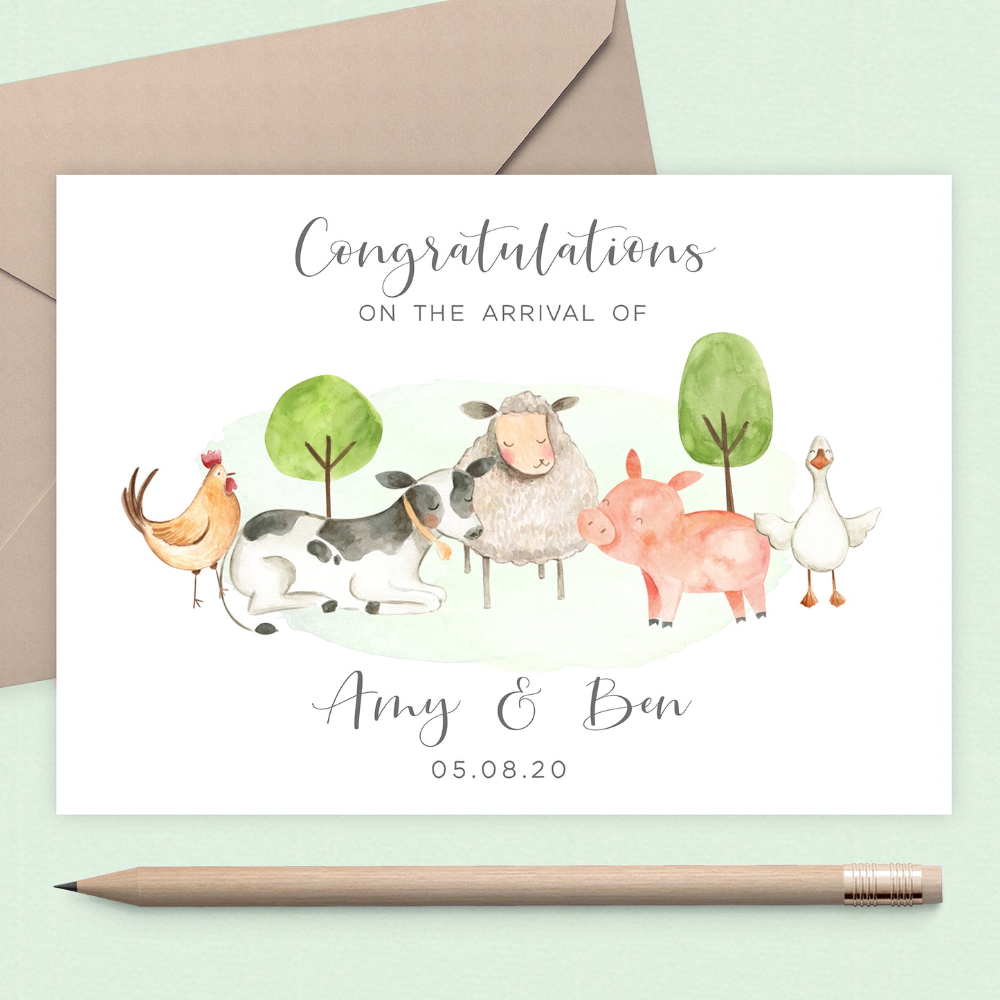 New Baby Congratulations Card Personalised, Farm Animals Design