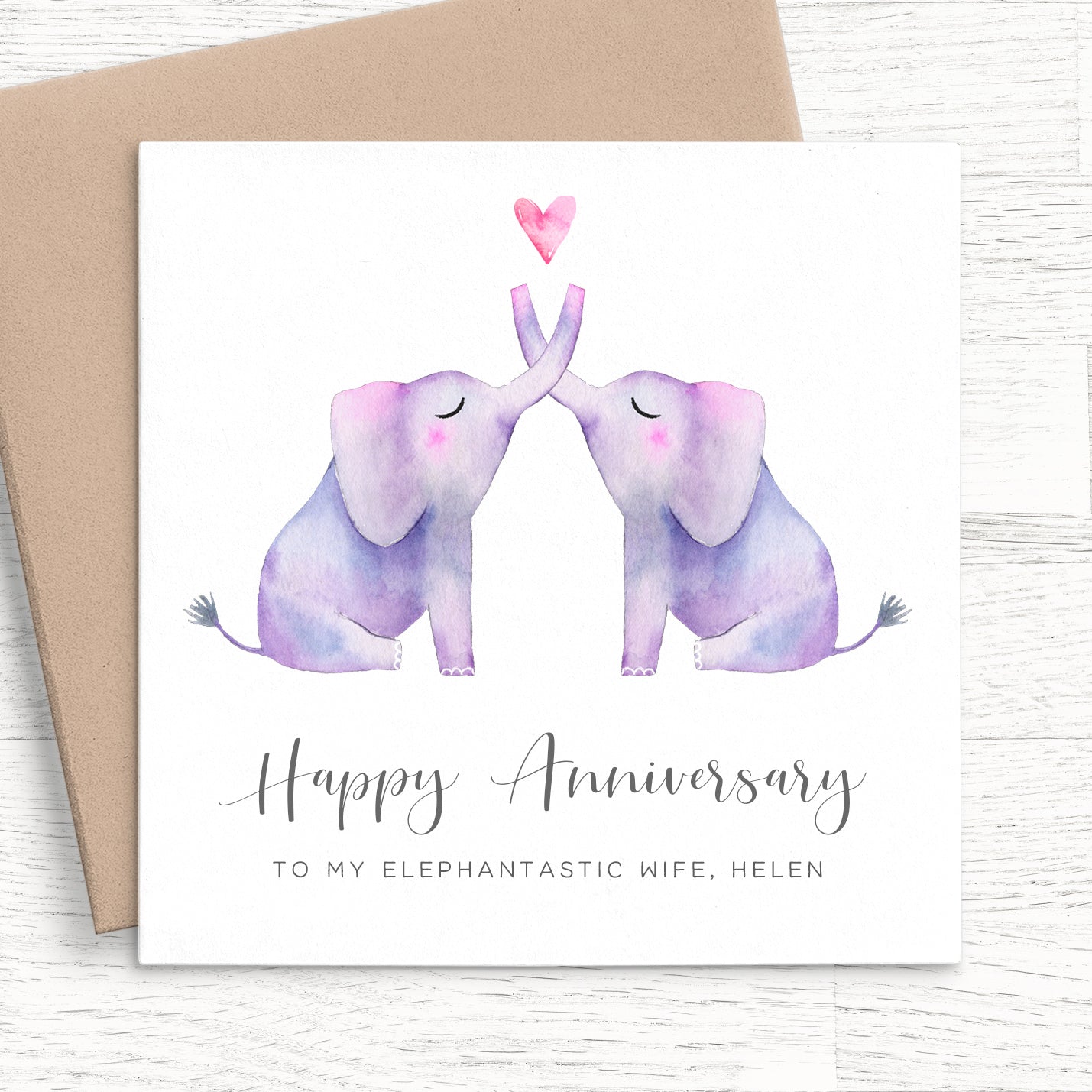 elephant watercolour happy anniversary personalised matte white cardstock kraft brown envelope