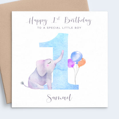 Blue watercolour elephant first birthday card special boy personalised with name square white cardstock kraft brown envelope