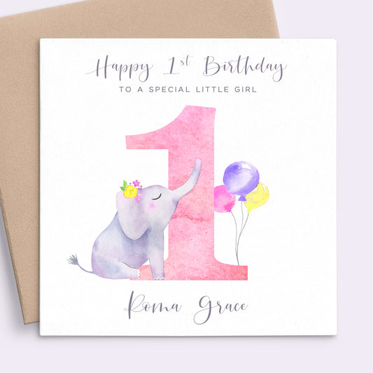 girls pink elephant first birthday card personalised matte white cardstock kraft brown envelope