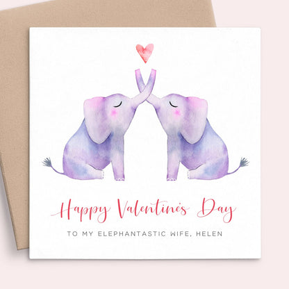 watercolour elephant valentines card personalised with name square white matte smooth cardstock kraft brown envelope