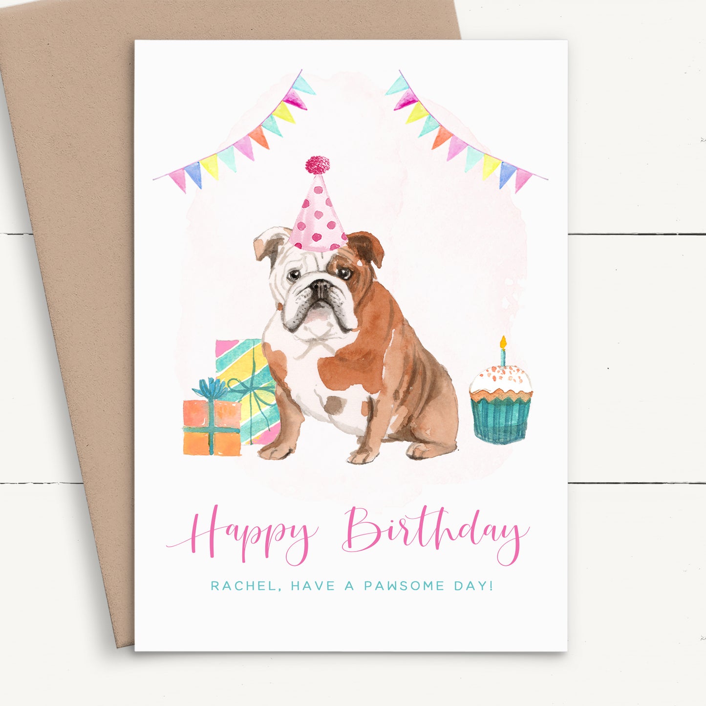 womens cute watercolour english bulldog birthday card personalised smooth matte white cardstock kraft brown envelope