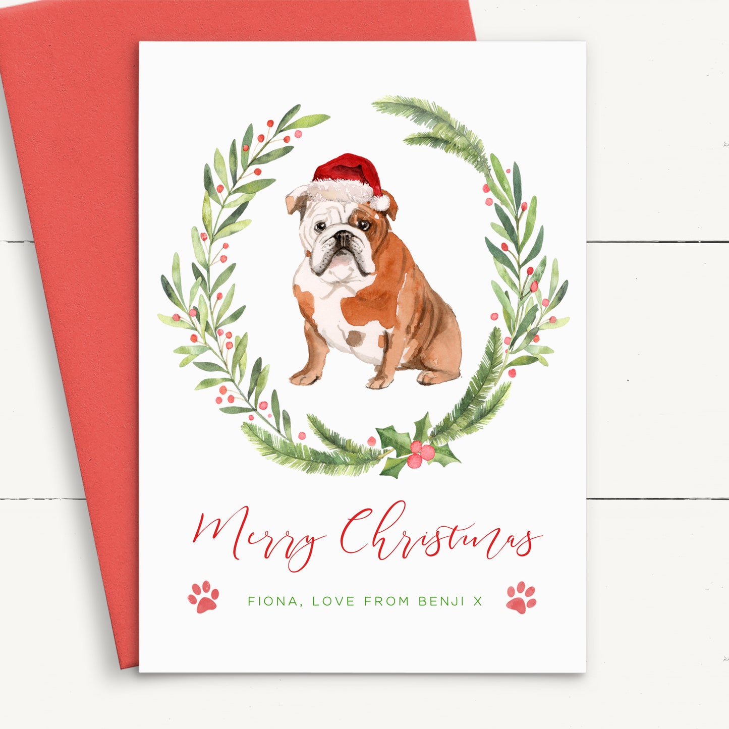 english bulldog christmas card from the dog personalised red envelope matte white cardstock