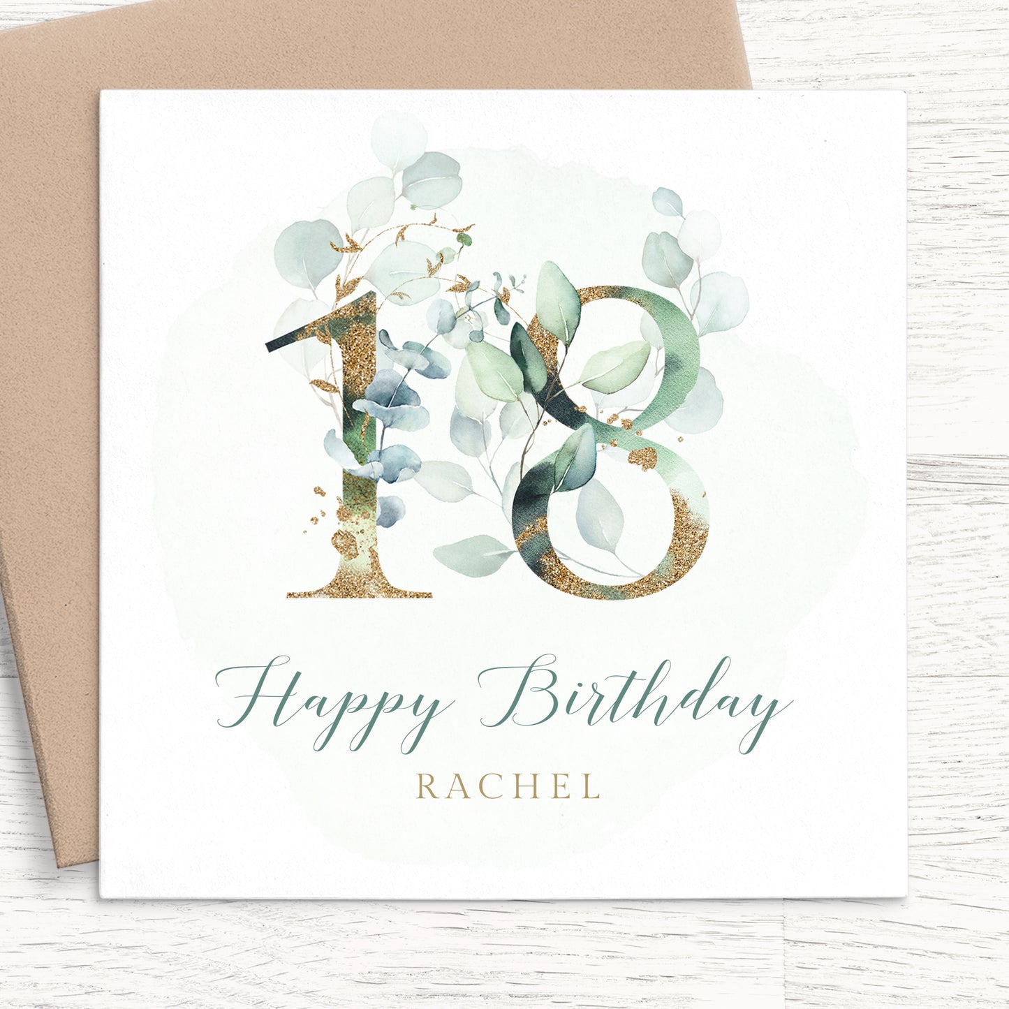 eucalyptus womens 18th birthday card personalised smooth matte white cardstock kraft brown envelope