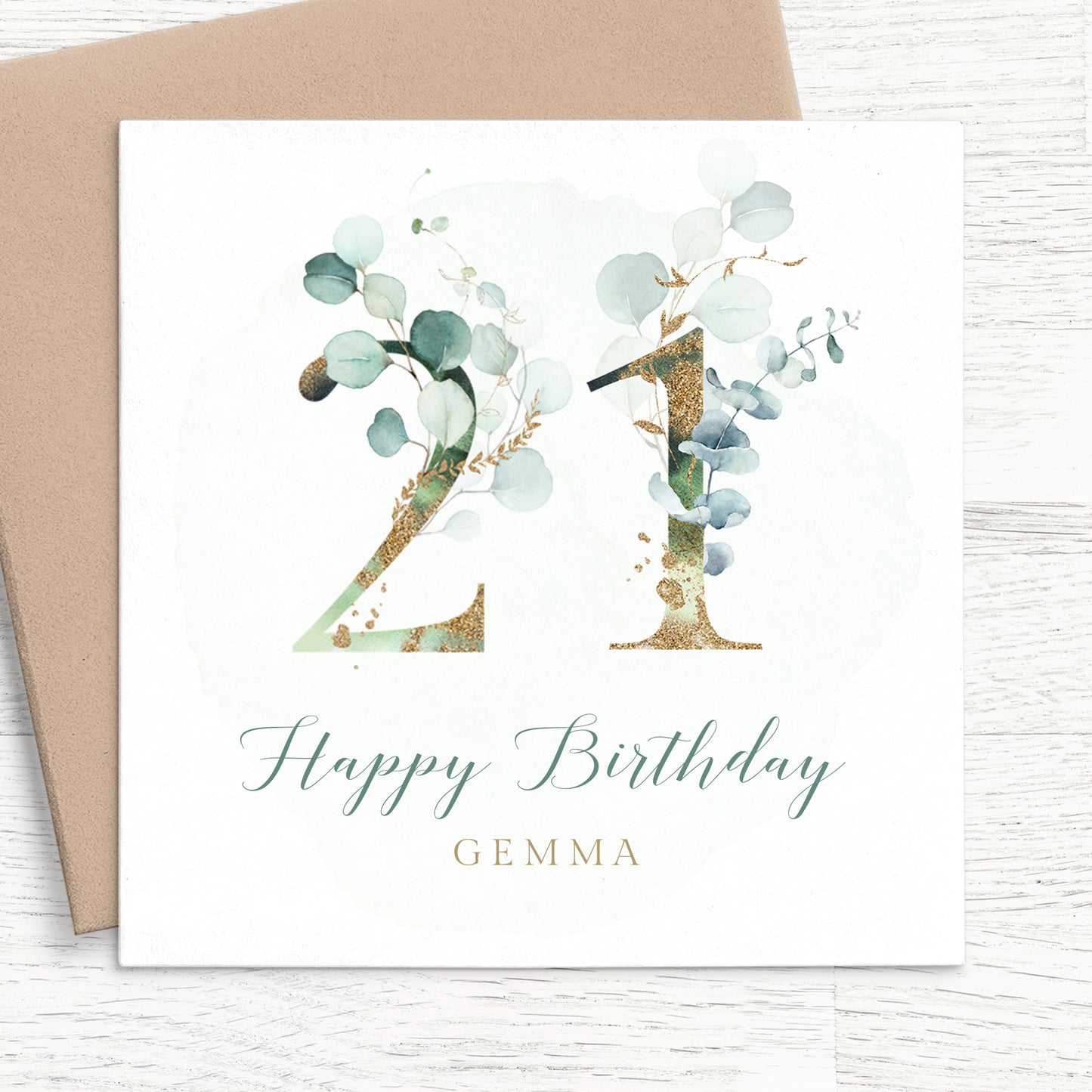 womens eucalyptus 21st birthday card personalised smooth matte white cardstock kraft brown envelope