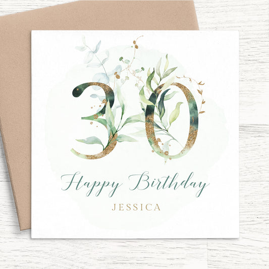 womens eucalyptus 30th birthday card personalised smooth matte white cardstock kraft brown envelope
