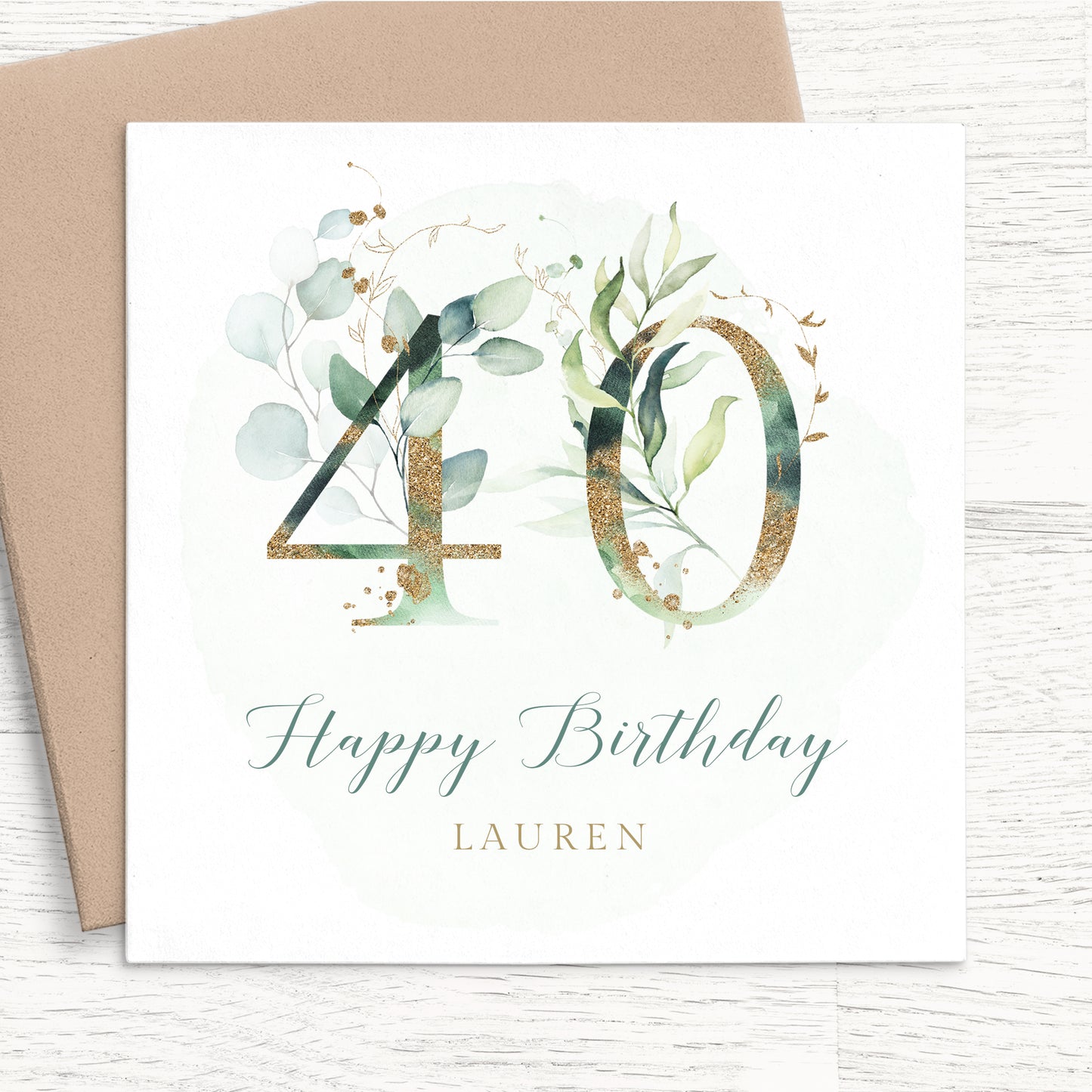 womens eucalyptus 40th birthday card personalised smooth matte white cardstock kraft brown envelope