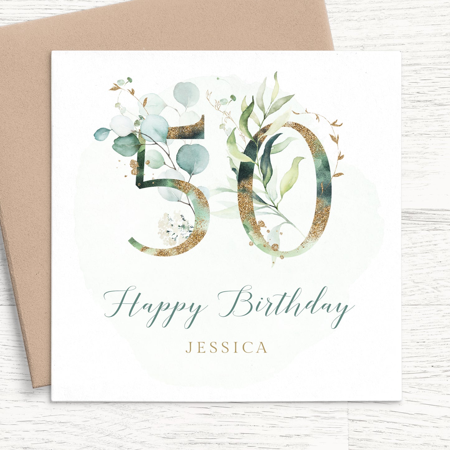 womens eucalyptus 50th birthday card personalised smooth matte white cardstock kraft brown envelope