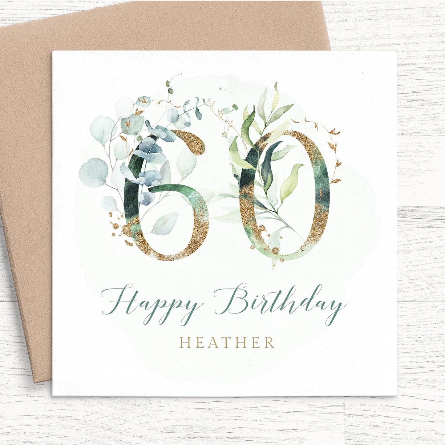 womens eucalyptus 60th birthday card personalised smooth matte white cardstock kraft brown envelope