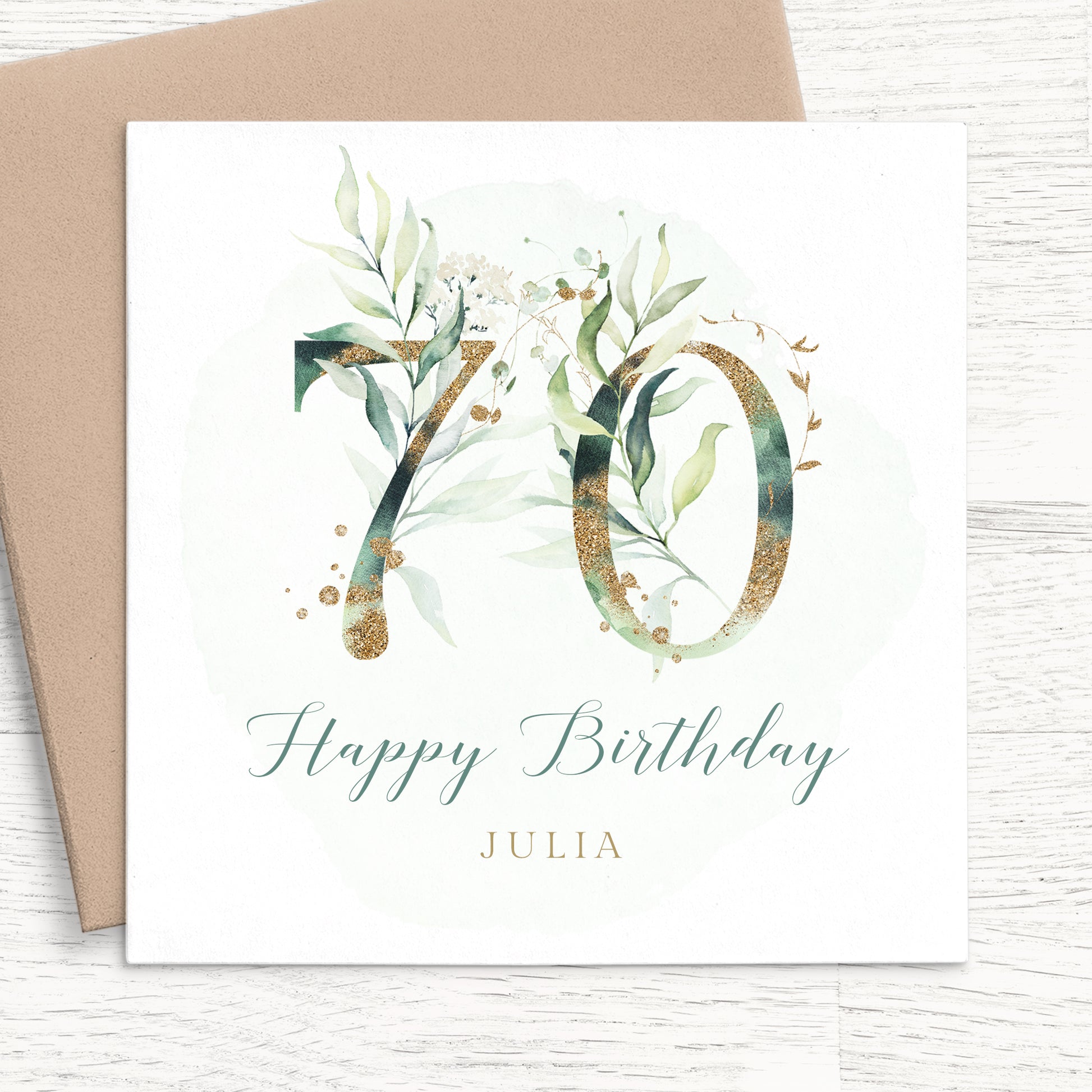 womens eucalyptus 70th birthday card personalised smooth matte white cardstock kraft brown envelope