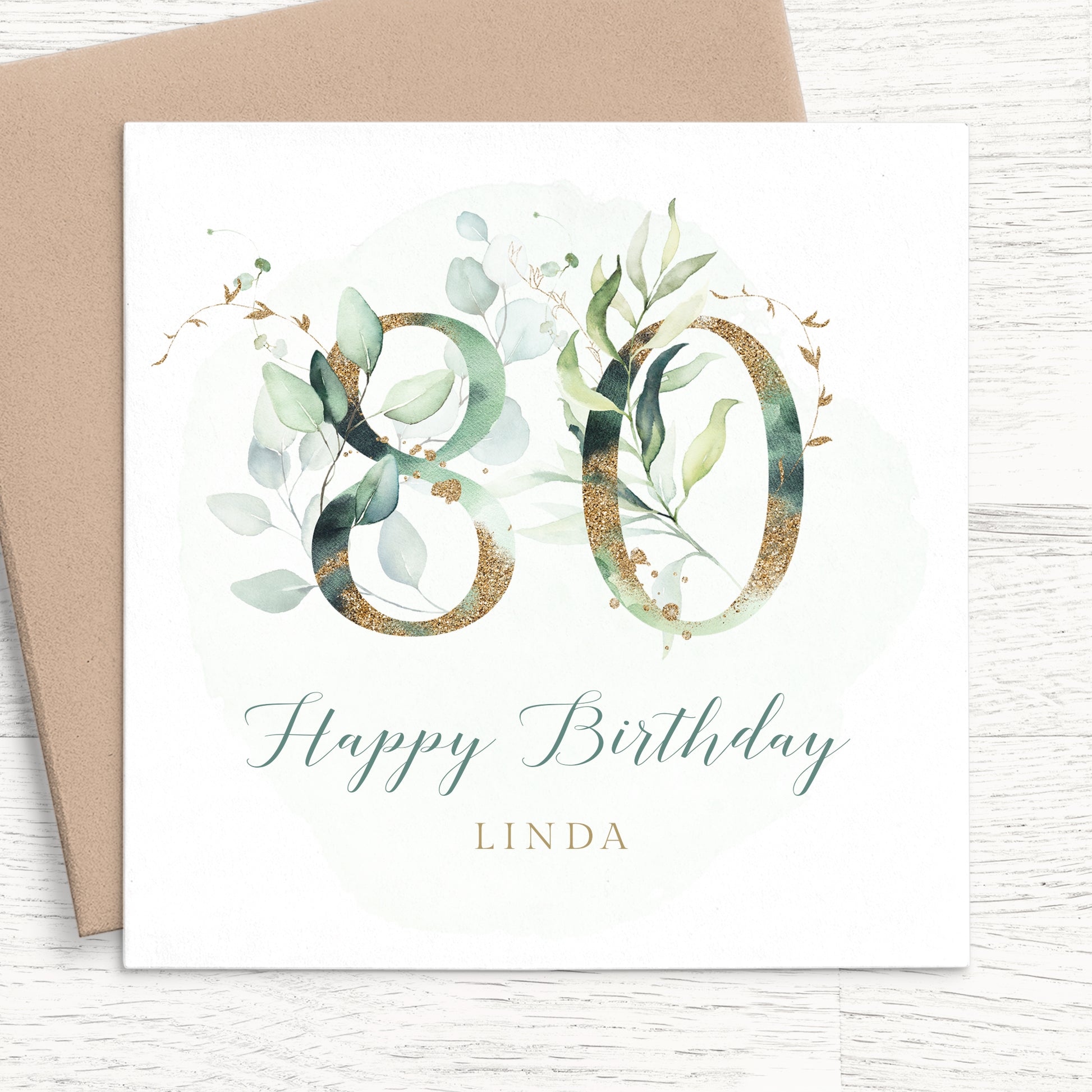 womens eucalyptus 80th birthday card personalised smooth matte white cardstock kraft brown envelope