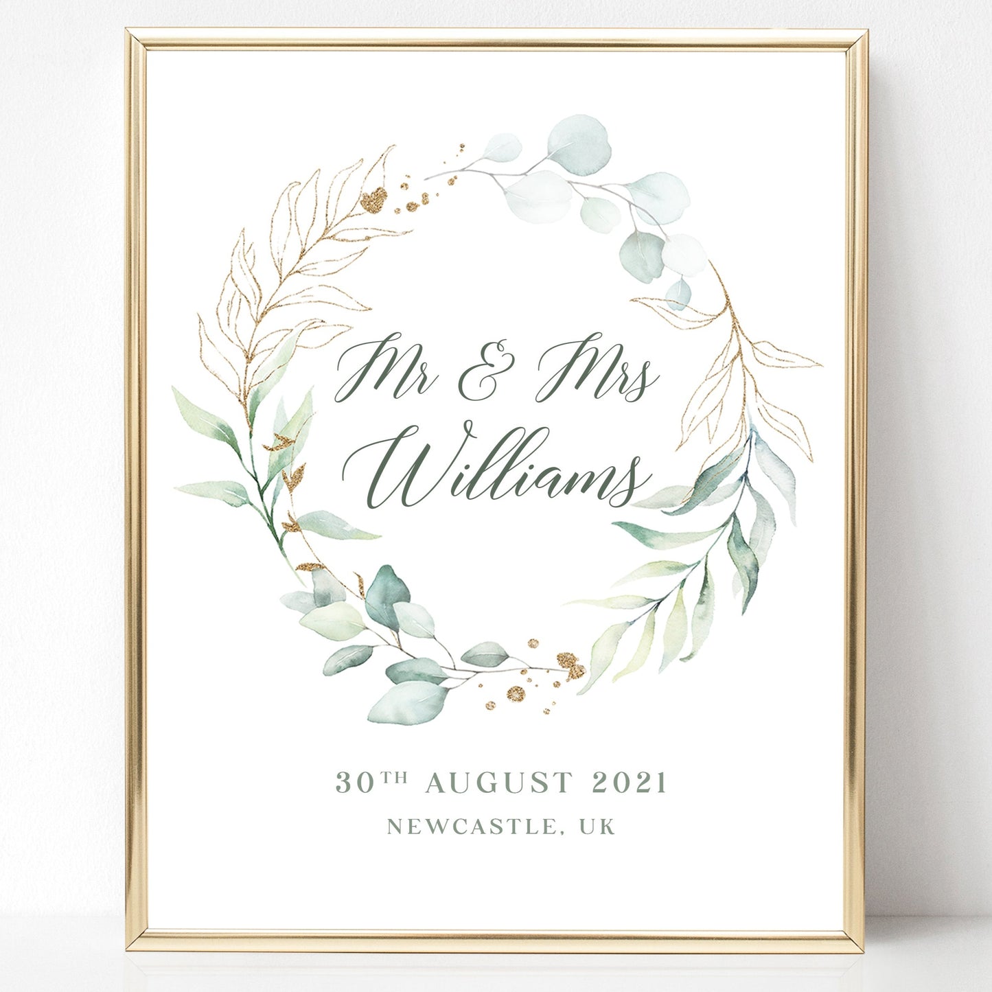 watercolour green eucalyptus wreath print personalised couples names wedding date matte white paperstock unframed