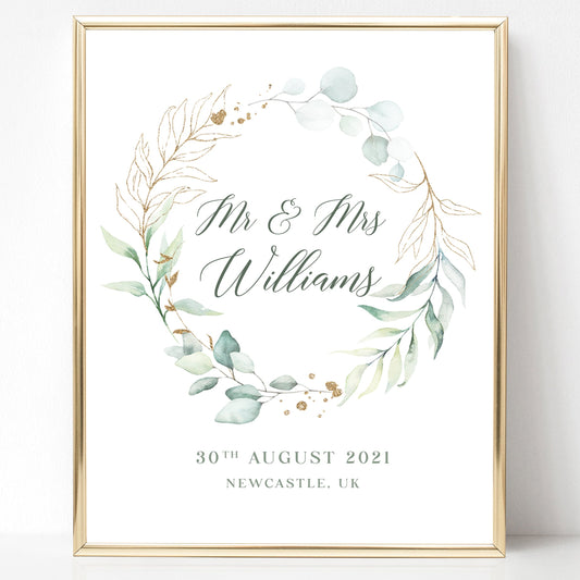watercolour green eucalyptus wreath print personalised couples names wedding date matte white paperstock unframed