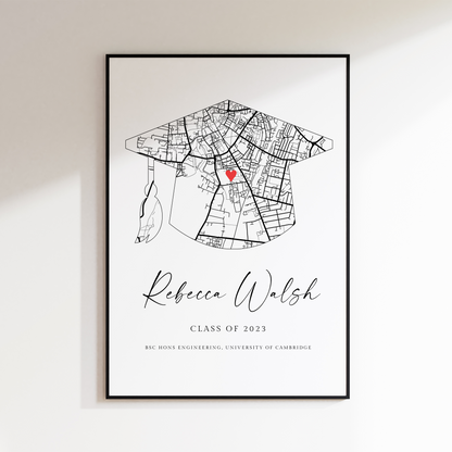 black and white graduation cap city map print personalised matte smooth white paperstock unframed