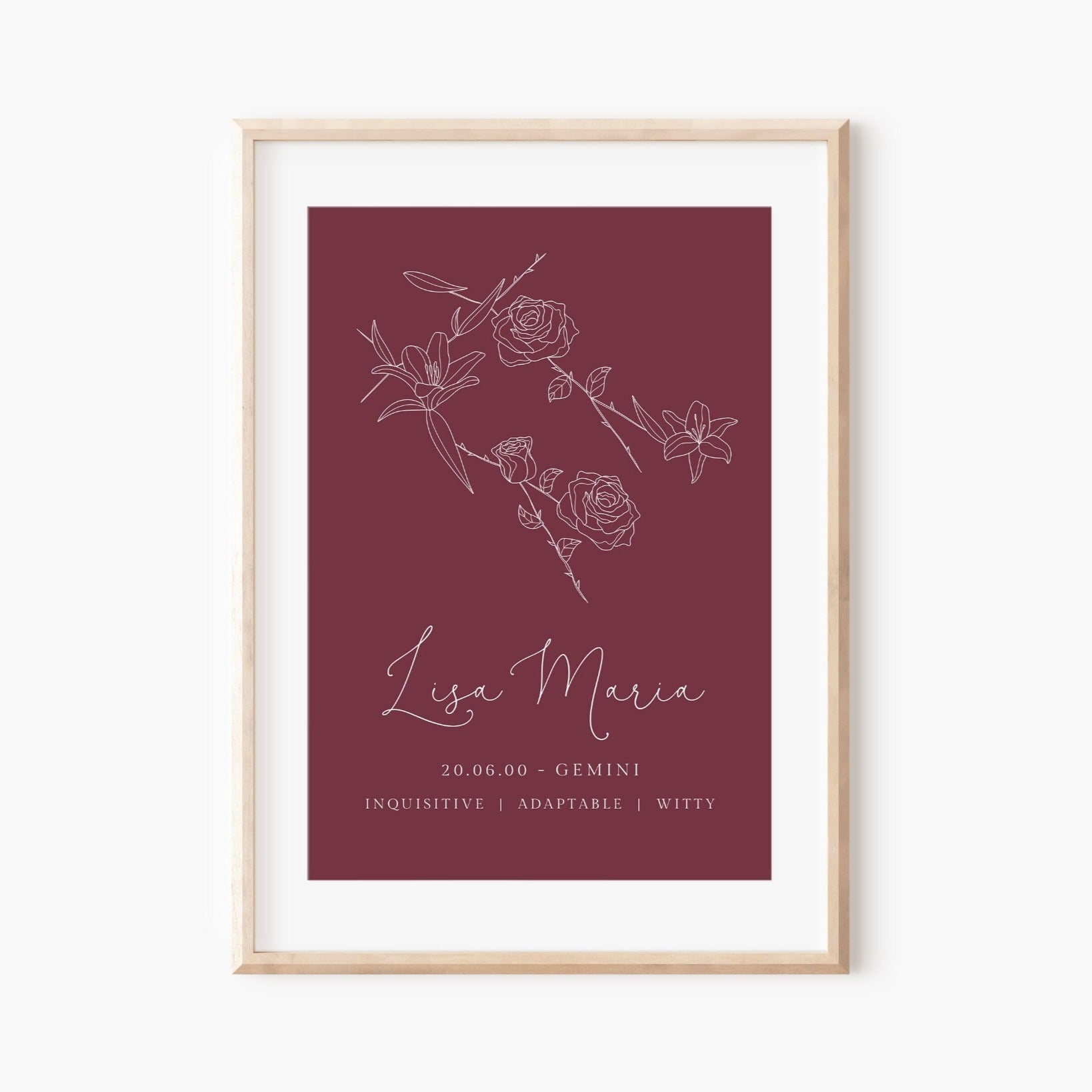 gemini zodiac birth flower line art print personalised with name and date background colour of your choice matte paperstock unframed