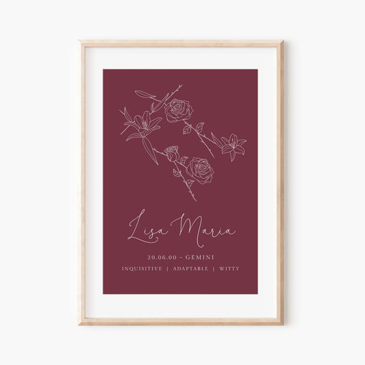 gemini zodiac birth flower line art print personalised with name and date background colour of your choice matte paperstock unframed