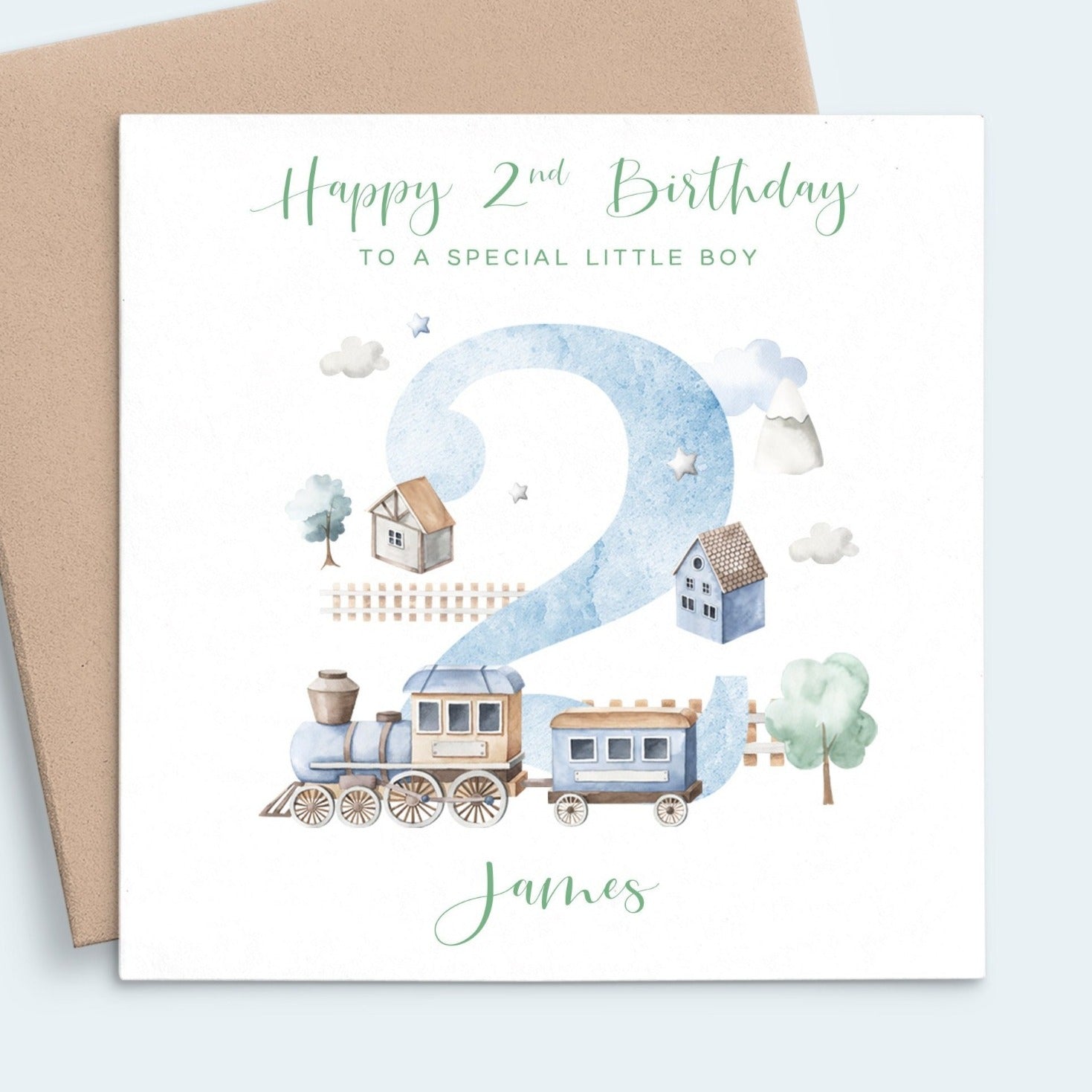 boy 2nd birthday card personalised watercolour trains blue 2 year old name matte white cardstock kraft brown envelope square
