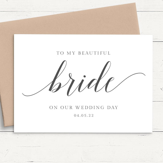 black and white modern script wedding day card from groom to bride personalised matte smooth white cardstock kraft brown envelope