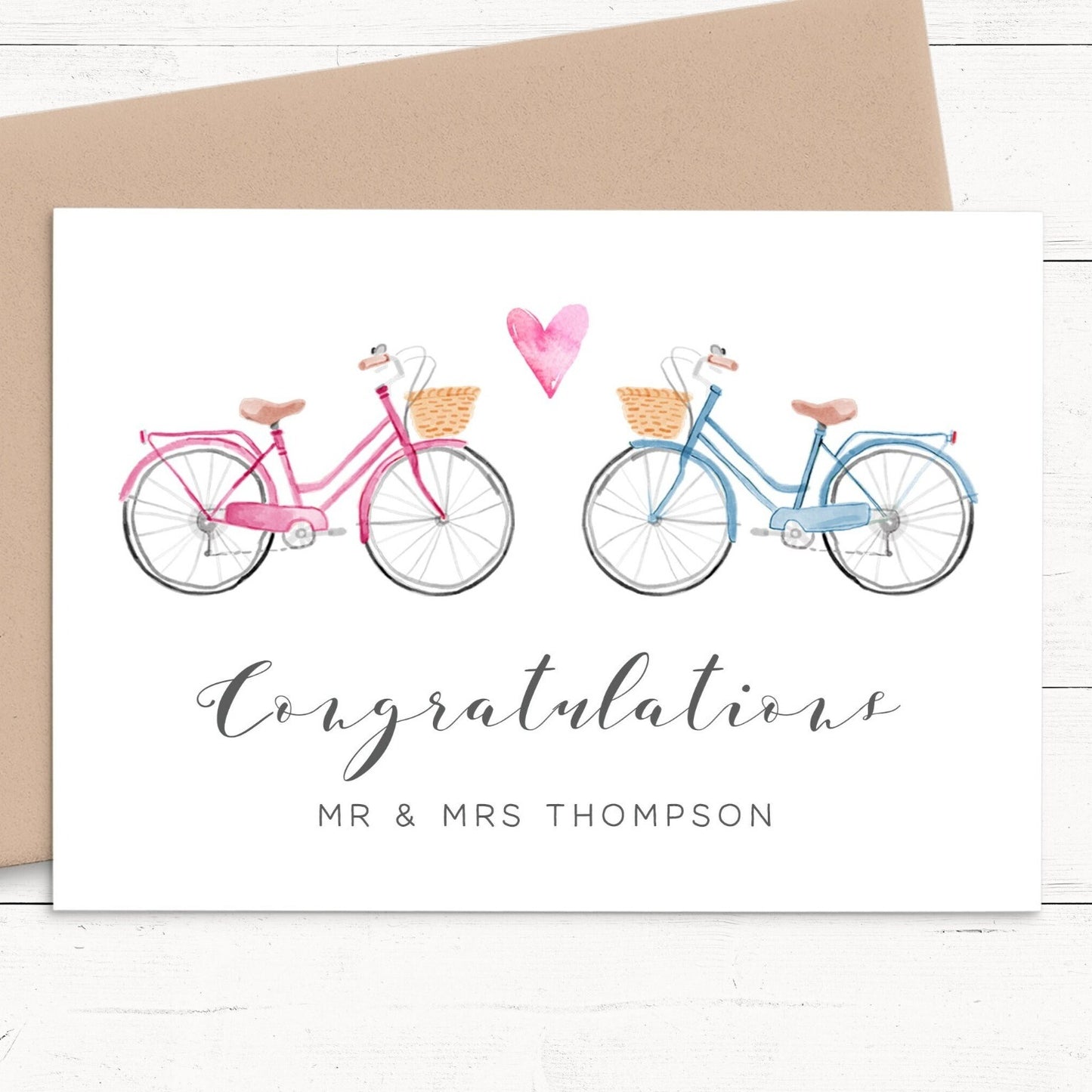 Friends Wedding Card Personalised, Watercolour Bicycles Design