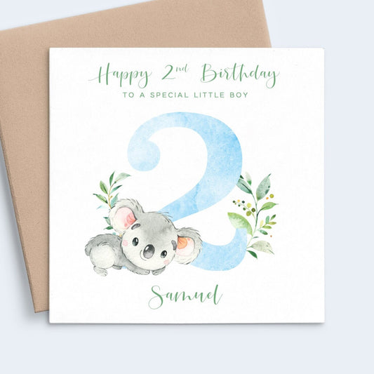 watercolour koala 2nd birthday card personalised blue boy son grandson matte white cardstock kraft brown envelope