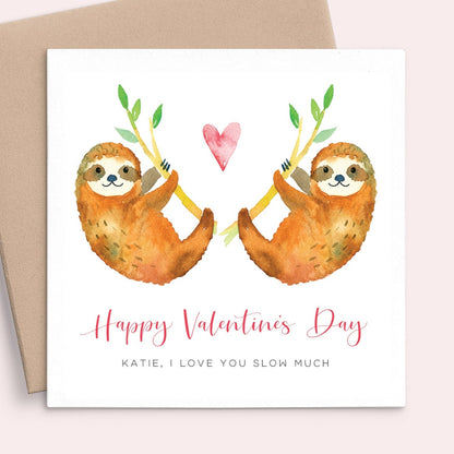 watercolour sloth valentines day card personalised matte white cardstock kraft brown envelope 
