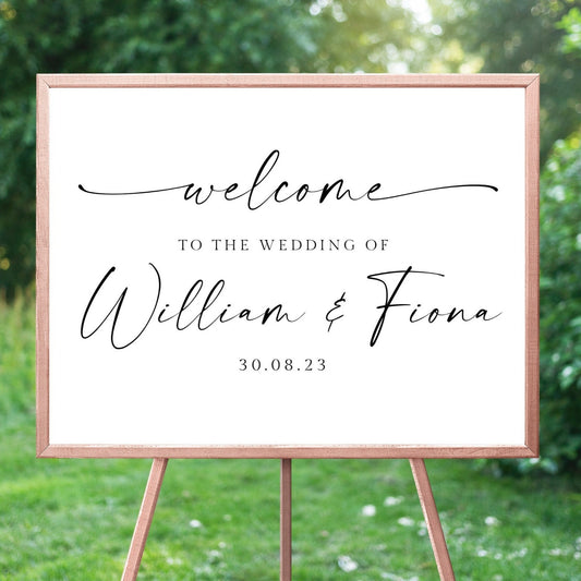 personalised black and white script welcome wedding sign unframed matte smooth white paperstock