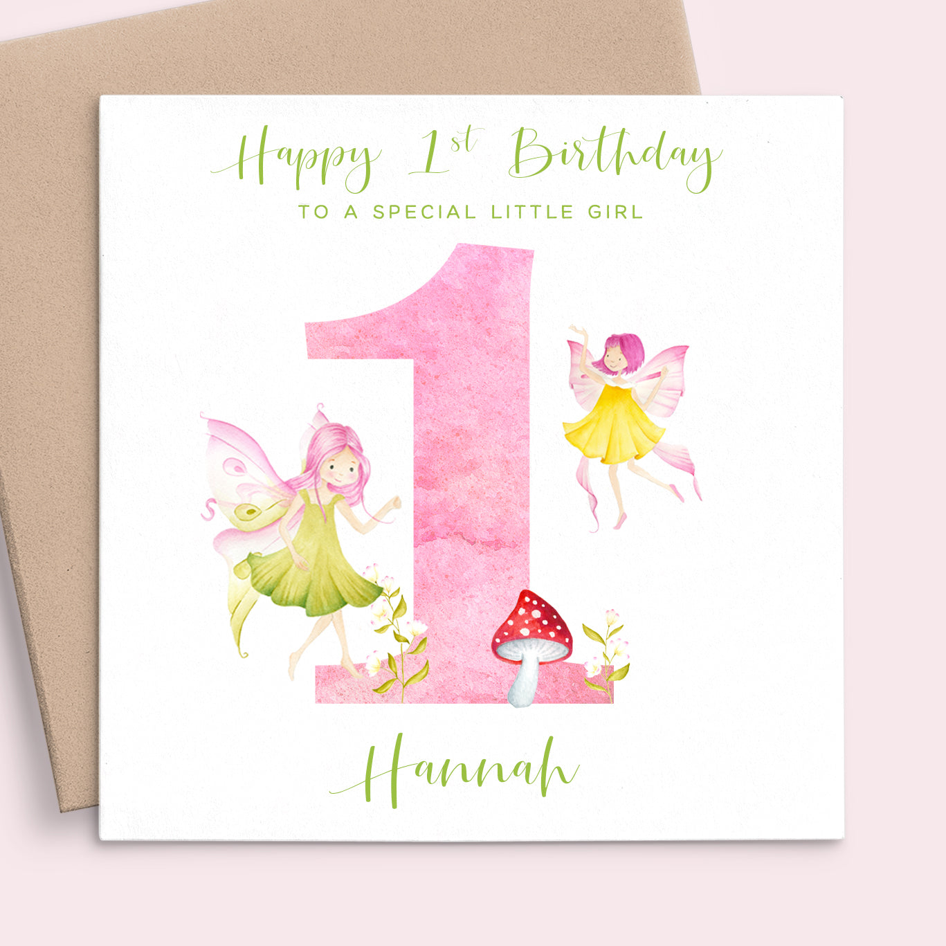 girls fairy first birthday card personalised matte white cardstock kraft brown envelope