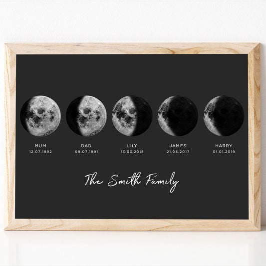 moon phases print family children phases black background unframed personalised matte paperstock