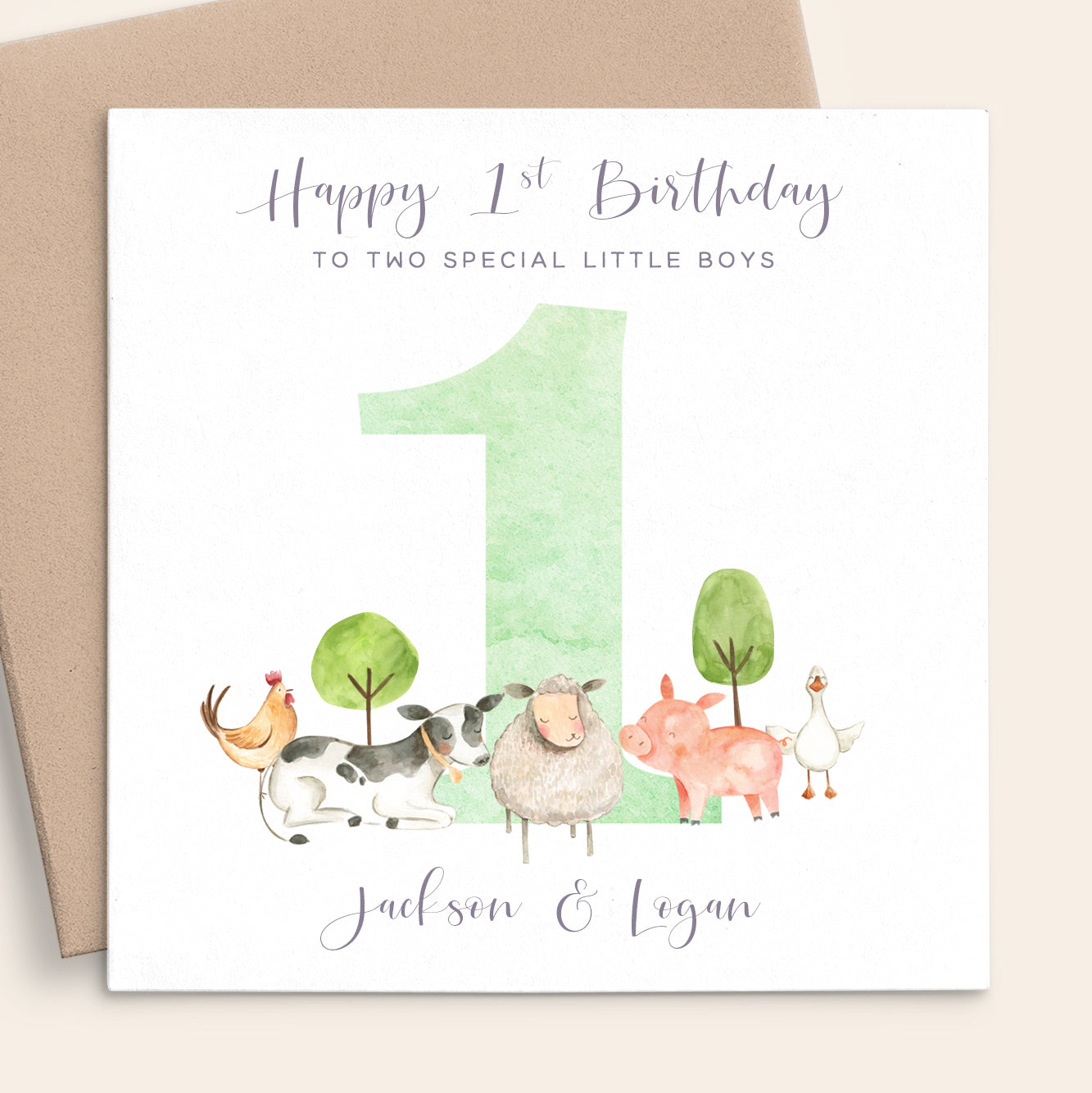 farm animals first birthday card personalised matte white cardstock kraft brown envelope