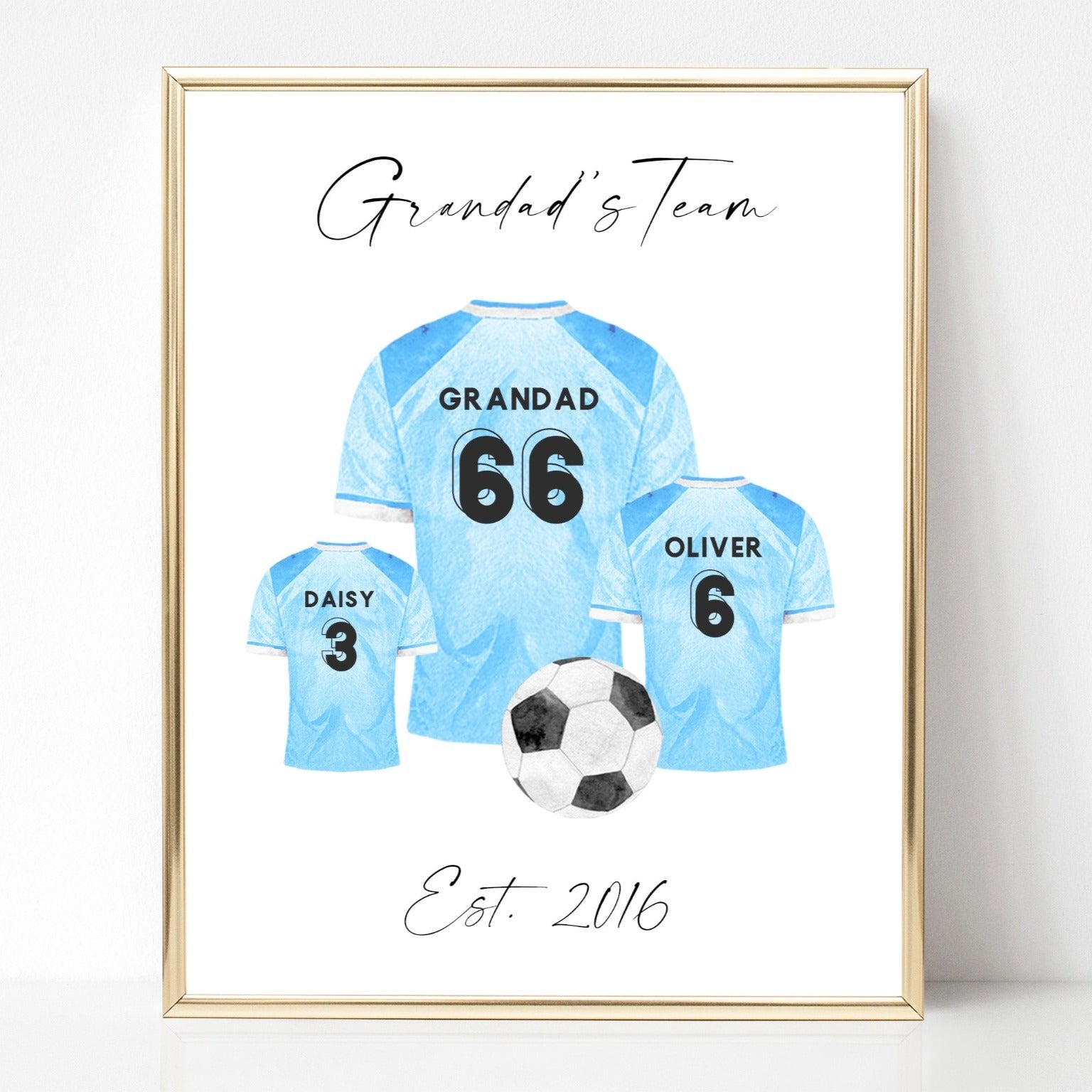 grandads team football shirt print watercolour personalised matte white paperstock unframed