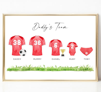 daddy's team football shirt print watercolour personalised matte white paperstock unframed