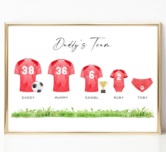 daddy's team football shirt print watercolour personalised matte white paperstock unframed