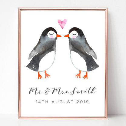 watercolour penguin couple print personalised matte smooth white paperstock unframed