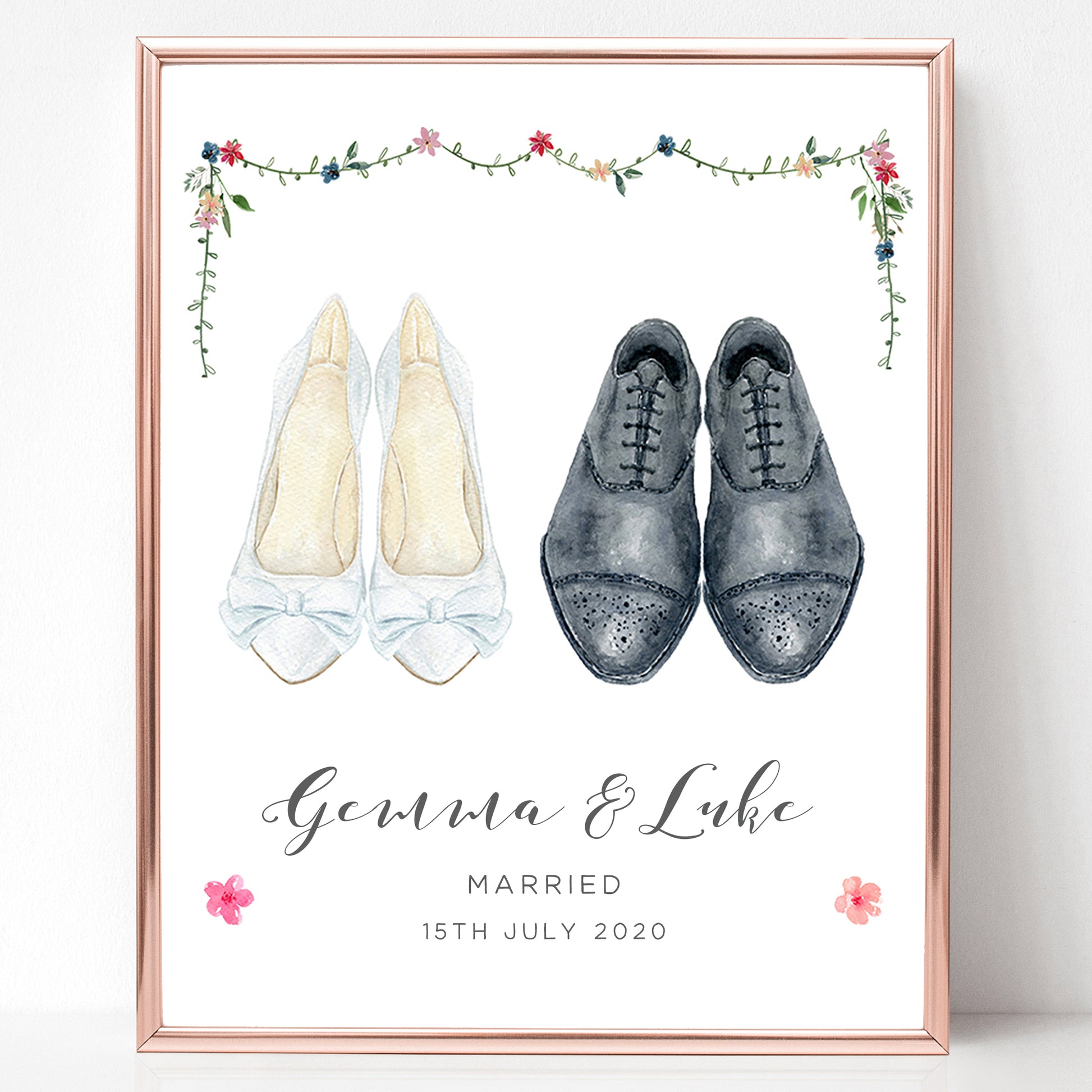 watercolour wedding shoes print personalised matte smooth white paperstock unframed