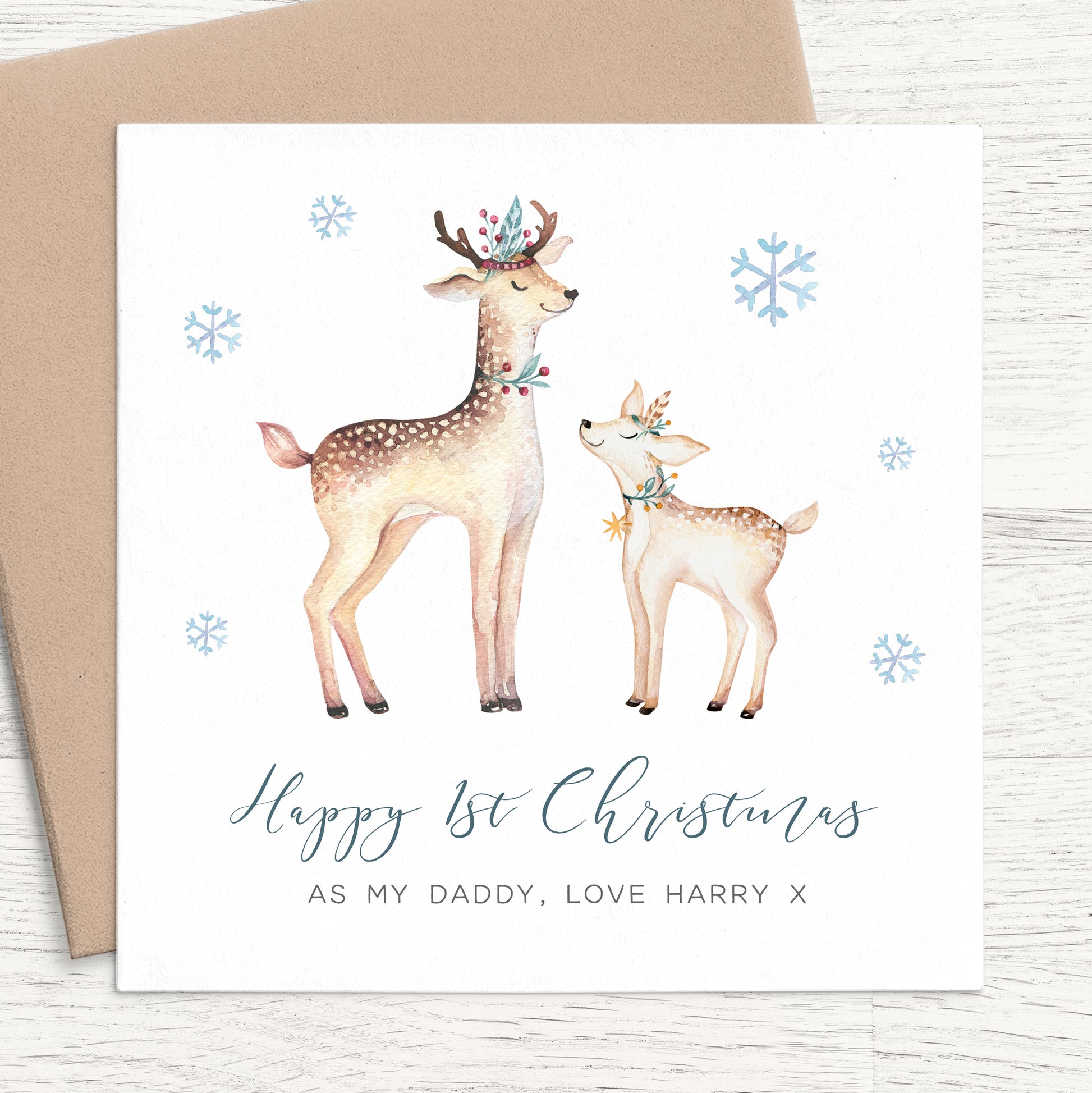 reindeer first christmas as my daddy card personalised kraft brown envelope smooth matte white cardstock