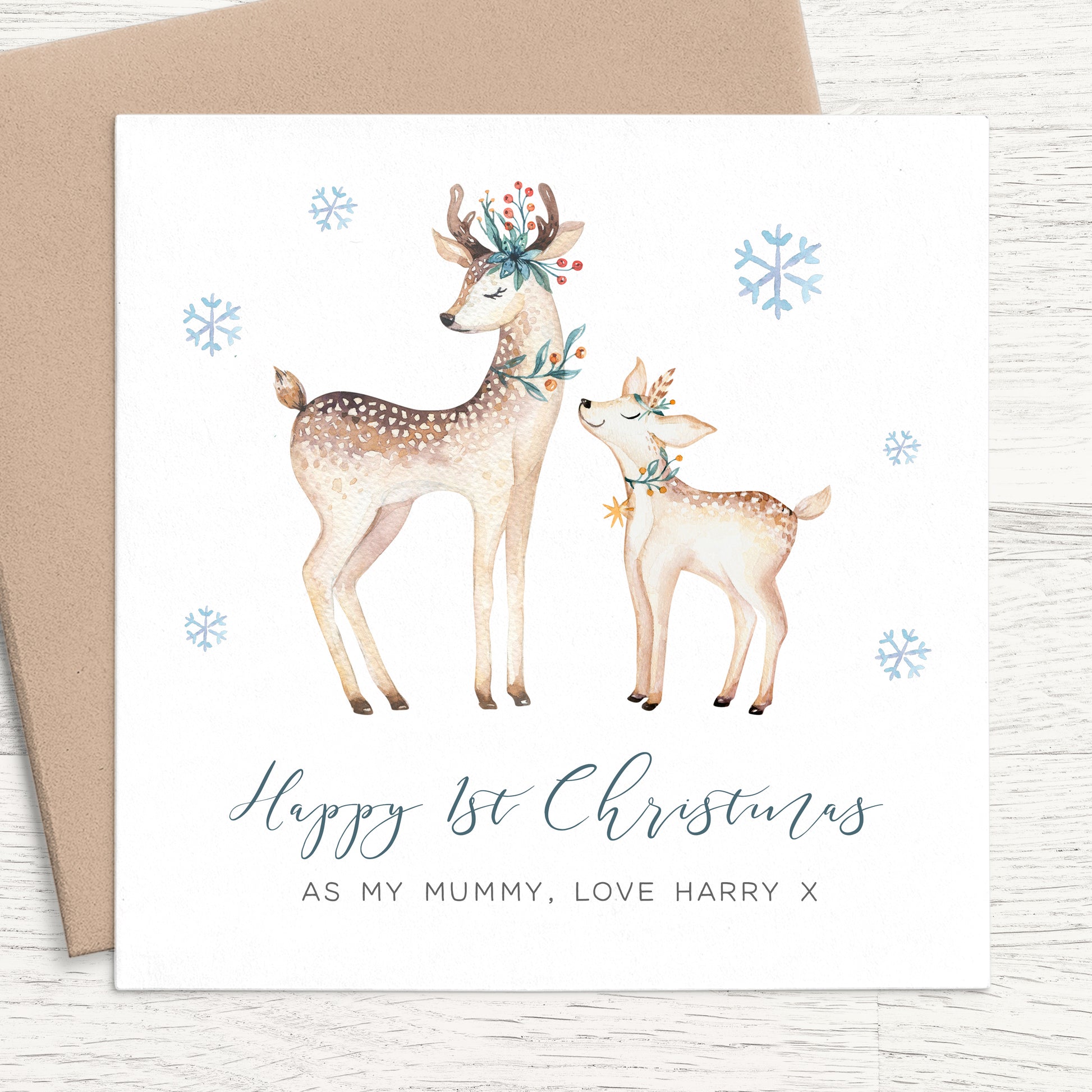 happy first christmas as my mummy card reindeer personalised matte white cardstock kraft envelope